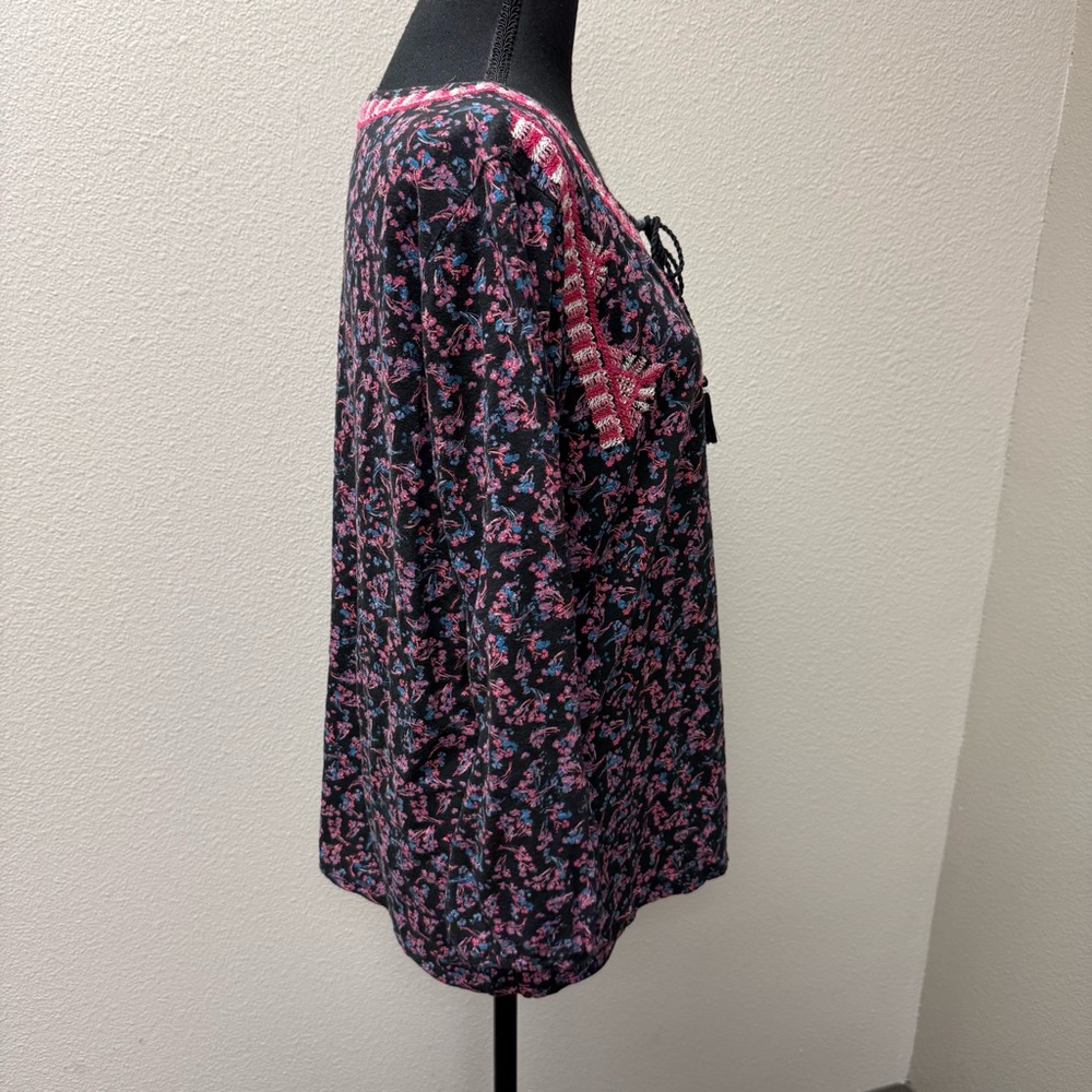Lucky Brand Black Pink Floral Embroidered Boho Peasant Blouse Tassel Tie XL - Picture 6 of 8
